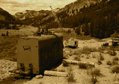 Water tank at a marginal placer gold mining operation, Yankee Fork, Challis NF ID