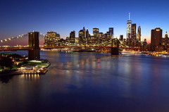 Brooklyn Bridge, Downtown Manhattan, and One World Trade Center, blue hour