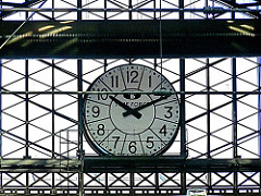Back side of the front entrance clock of the Principe Pío Station in Madrid Spain