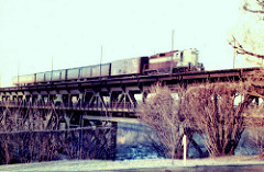 CPR Passenger train on north end of High Level Bridge, Edmonton, Alberta, ca. 1958.