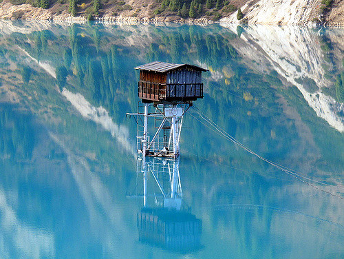 Watchtower in middle of Big Almaty Lake